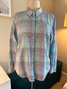L.L. Bean Women’s XL Button Up Shirt Blue Green Plaid Seersucker Lightweight Top